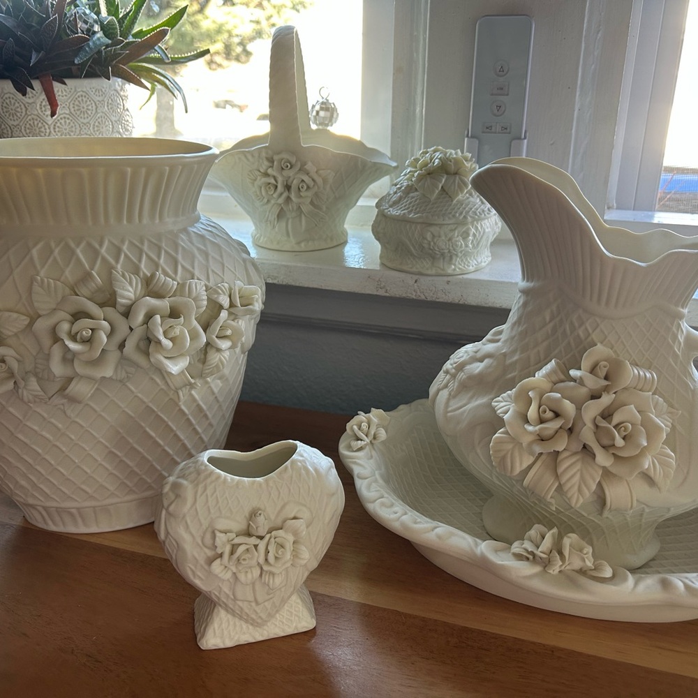 Ivory Ceramic Rose Relief Pitcher & Vase Set